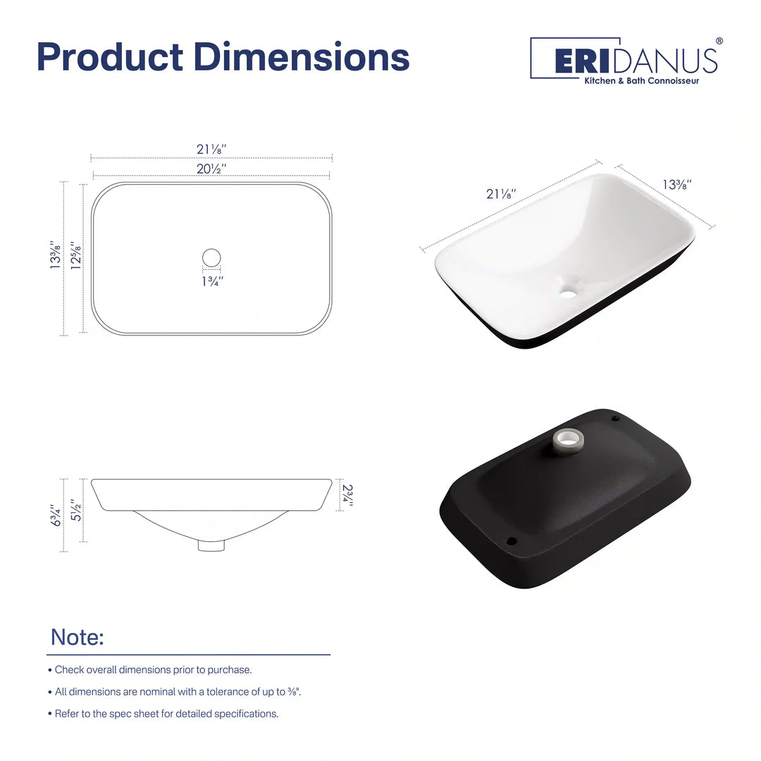 Two-tone ceramic sink multi-view dimensional specification diagram