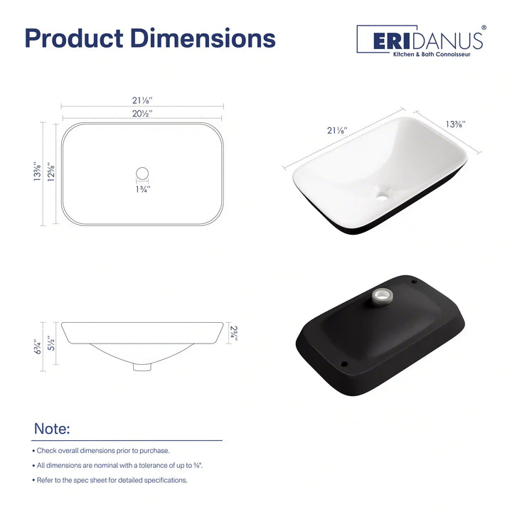 Two-tone ceramic sink multi-view dimensional specification diagram