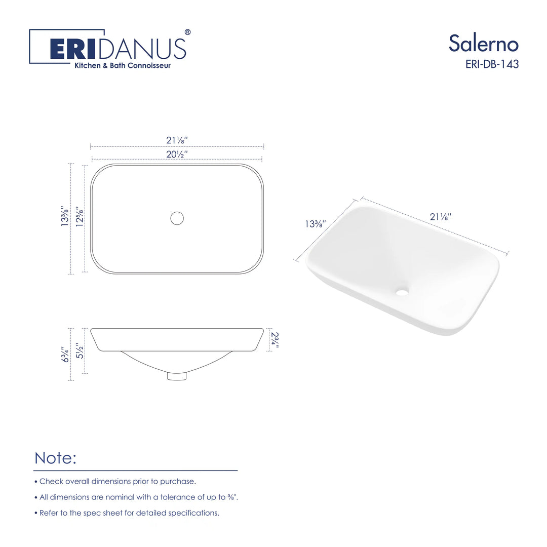 Salerno 20" Rectangular Semi-Recessed Vitreous China Vessel Bathroom Sink in White