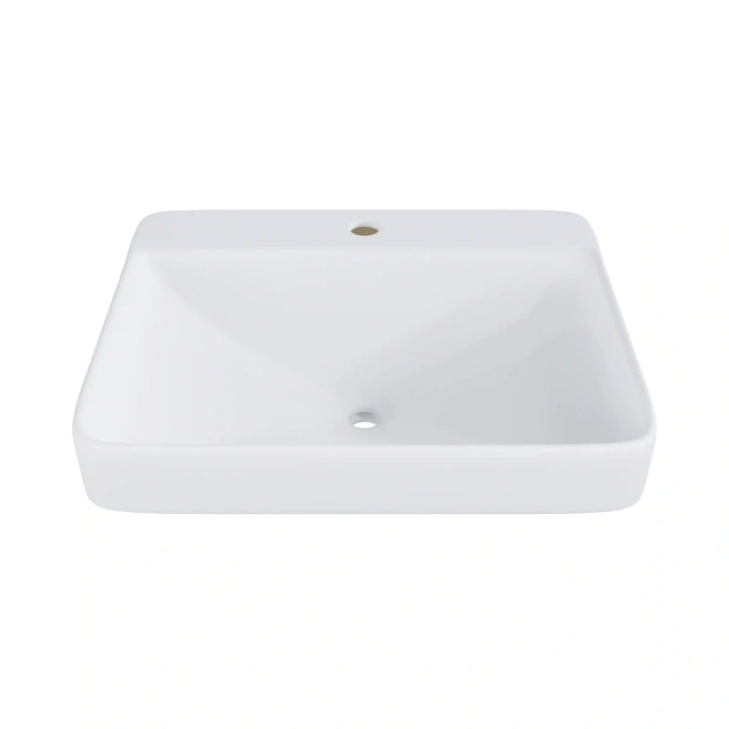 White ceramic rounded rectangular vessel sink with single pre-drilled faucet hole
