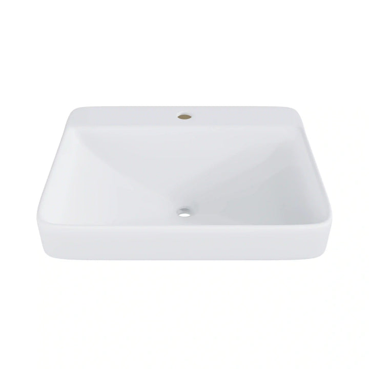 White ceramic rounded rectangular vessel sink with single pre-drilled faucet hole