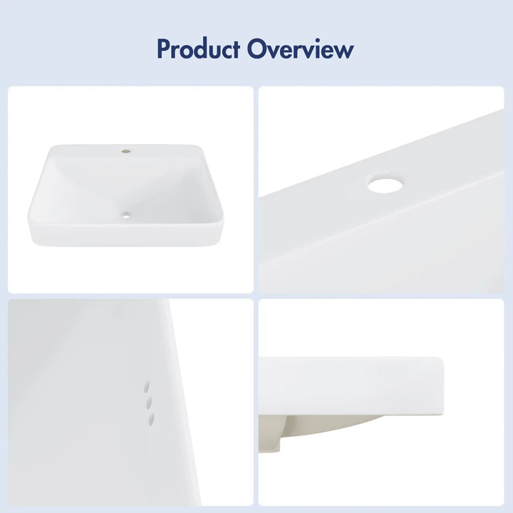White rectangular ceramic sink multi-angle detail collage with faucet hole and overflow holes