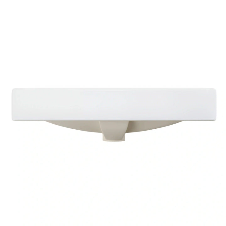 White ceramic vessel sink side profile with thick flat rim and drain base