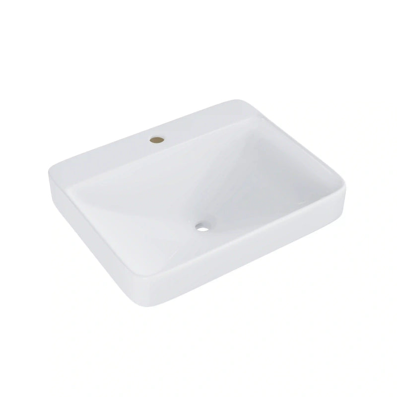 White ceramic vessel sink side profile with thick flat rim and drain base