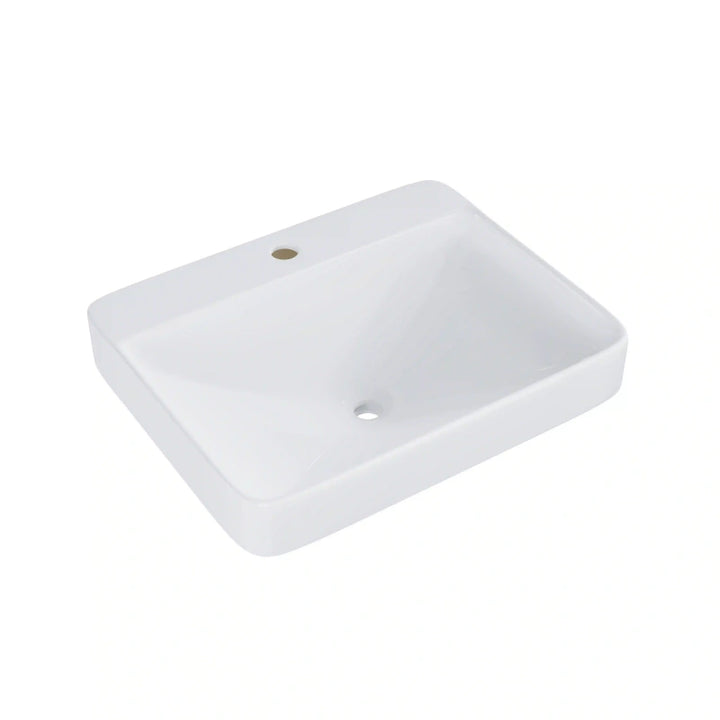 White ceramic vessel sink side profile with thick flat rim and drain base