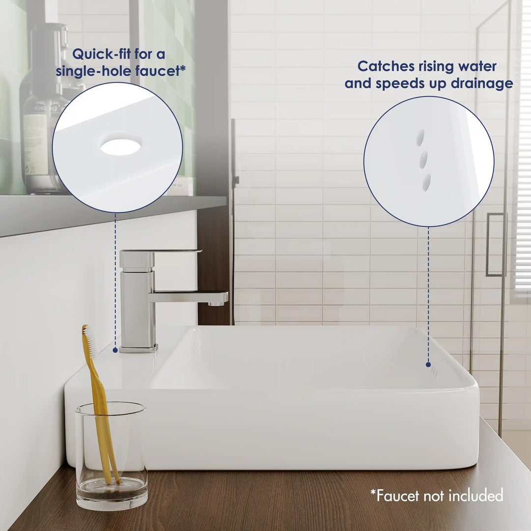 White ceramic vessel sink with single faucet hole and overflow drainage holes