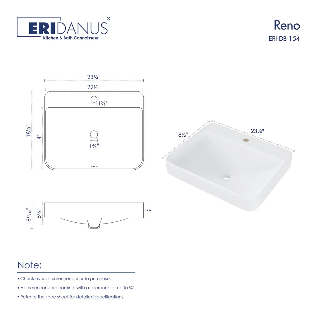 White ceramic rectangular vessel sink dimension specification drawing