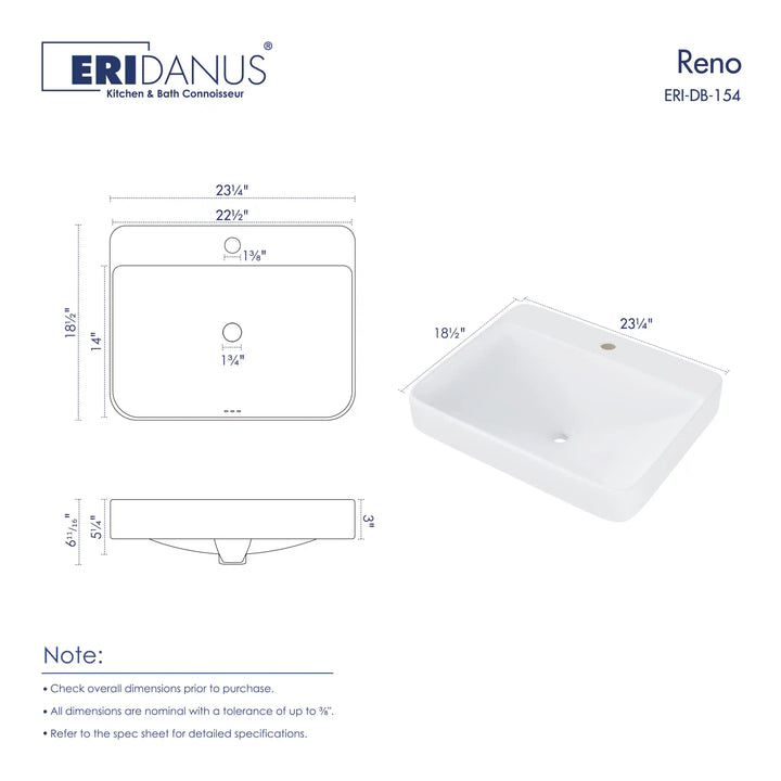 White ceramic rectangular vessel sink dimension specification drawing