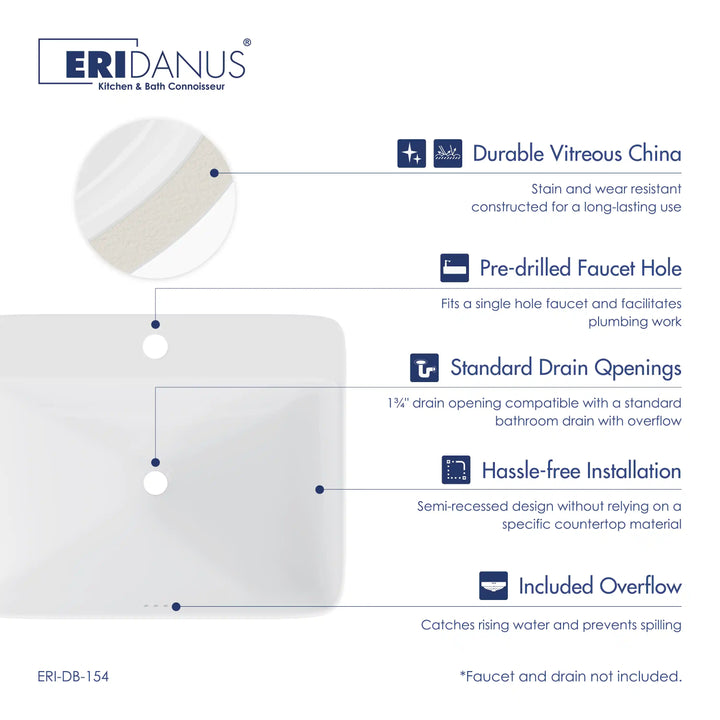 White vitreous china vessel sink with faucet hole, drain and overflow features