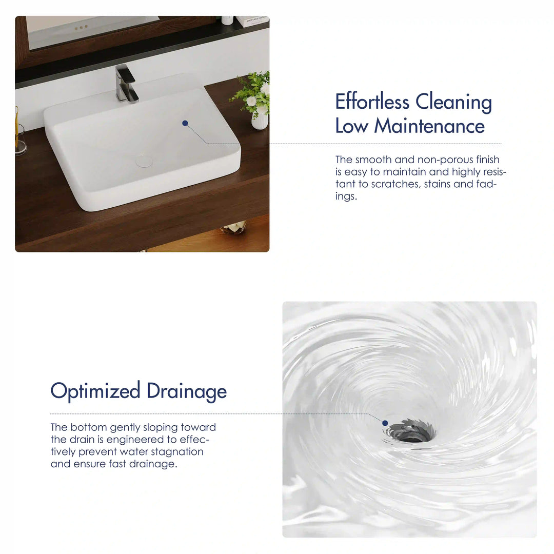 White ceramic vessel sink with smooth stain-proof surface and fast sloped drainage