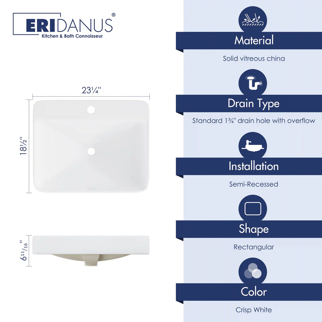 White rectangular semi-recessed vitreous china bathroom sink with size specs and feature list