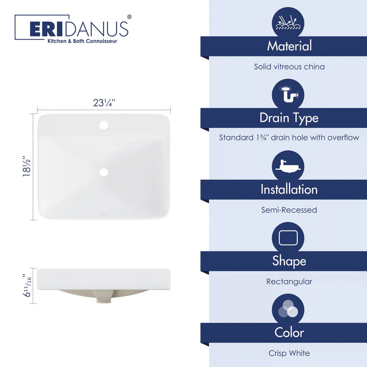 White rectangular semi-recessed vitreous china bathroom sink with size specs and feature list