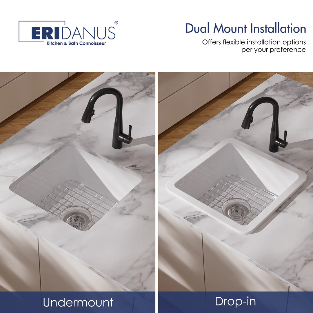White dual-mount fireclay sink: undermount and drop-in