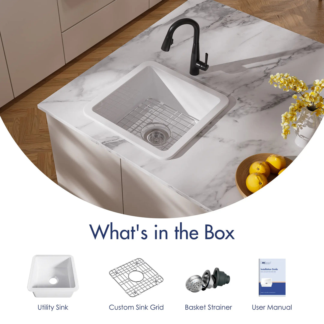 White utility sink with grid, strainer, and user manual.