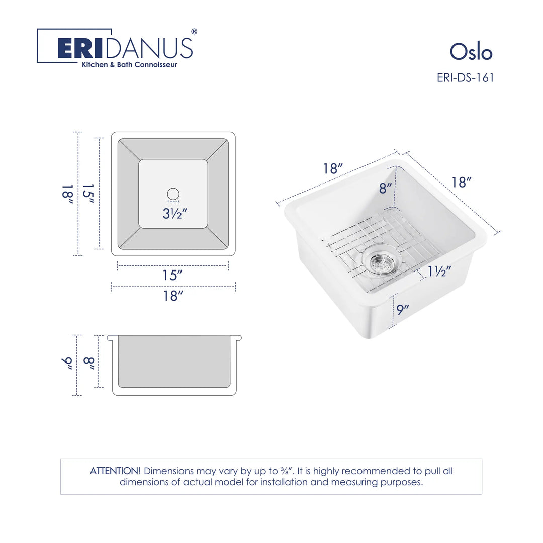 18-inch white square fireclay kitchen sink dimensions