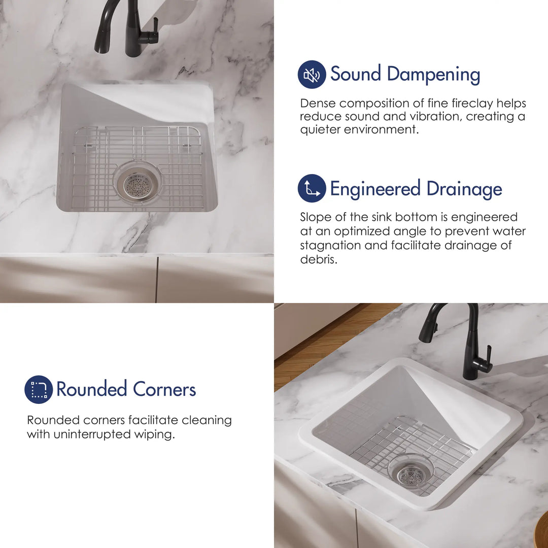 White fireclay kitchen sink with sound dampening and drainage