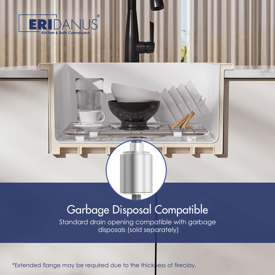 White fireclay sink with garbage disposal compatible drain