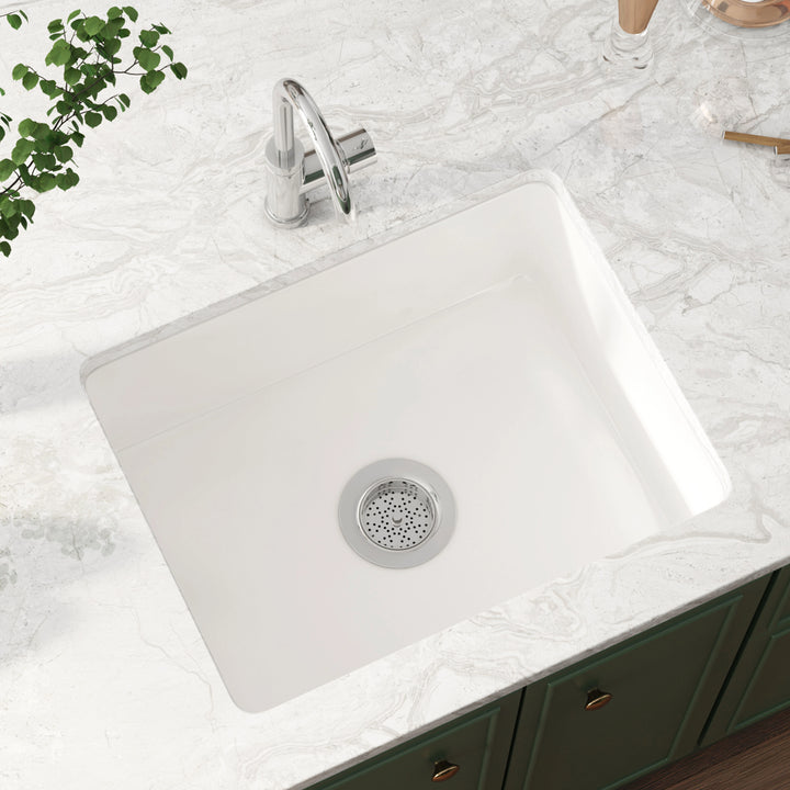 White undermount single bowl kitchen sink with drain strainer