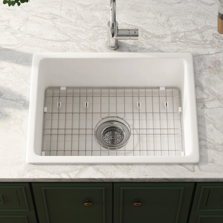 White single bowl kitchen sink with stainless steel bottom grid