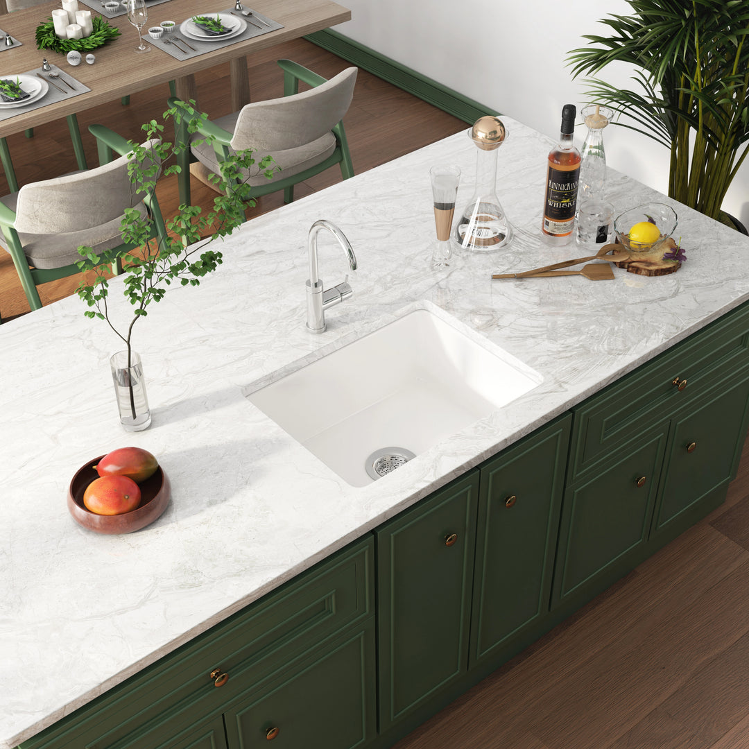 White undermount single bowl kitchen sink with drain strainer