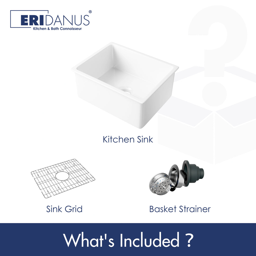 Farmhouse kitchen sink set including sink, stainless steel bottom grid, and basket strainer.