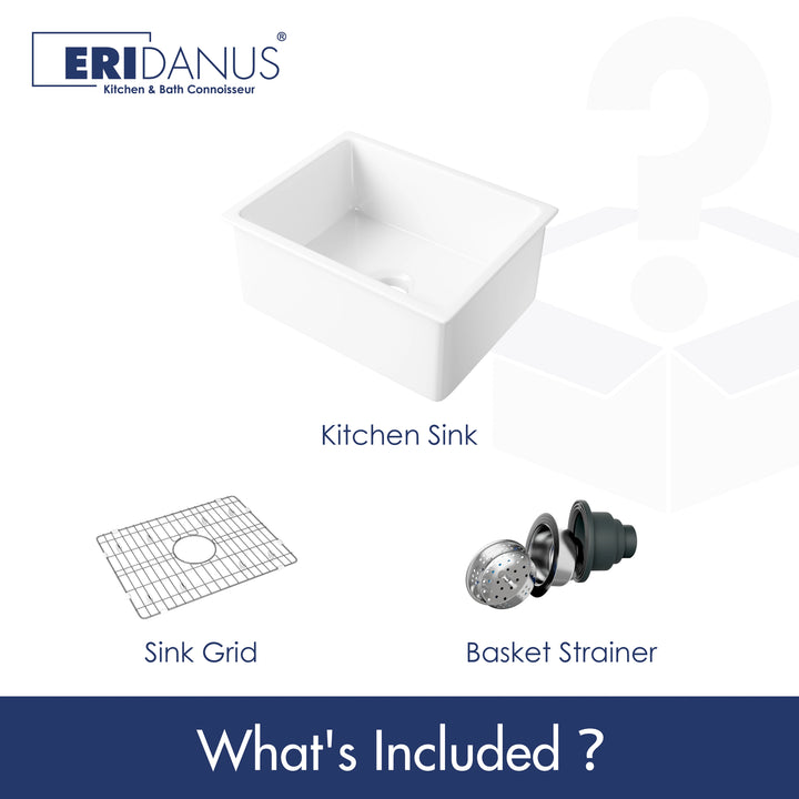 Farmhouse kitchen sink set including sink, stainless steel bottom grid, and basket strainer.