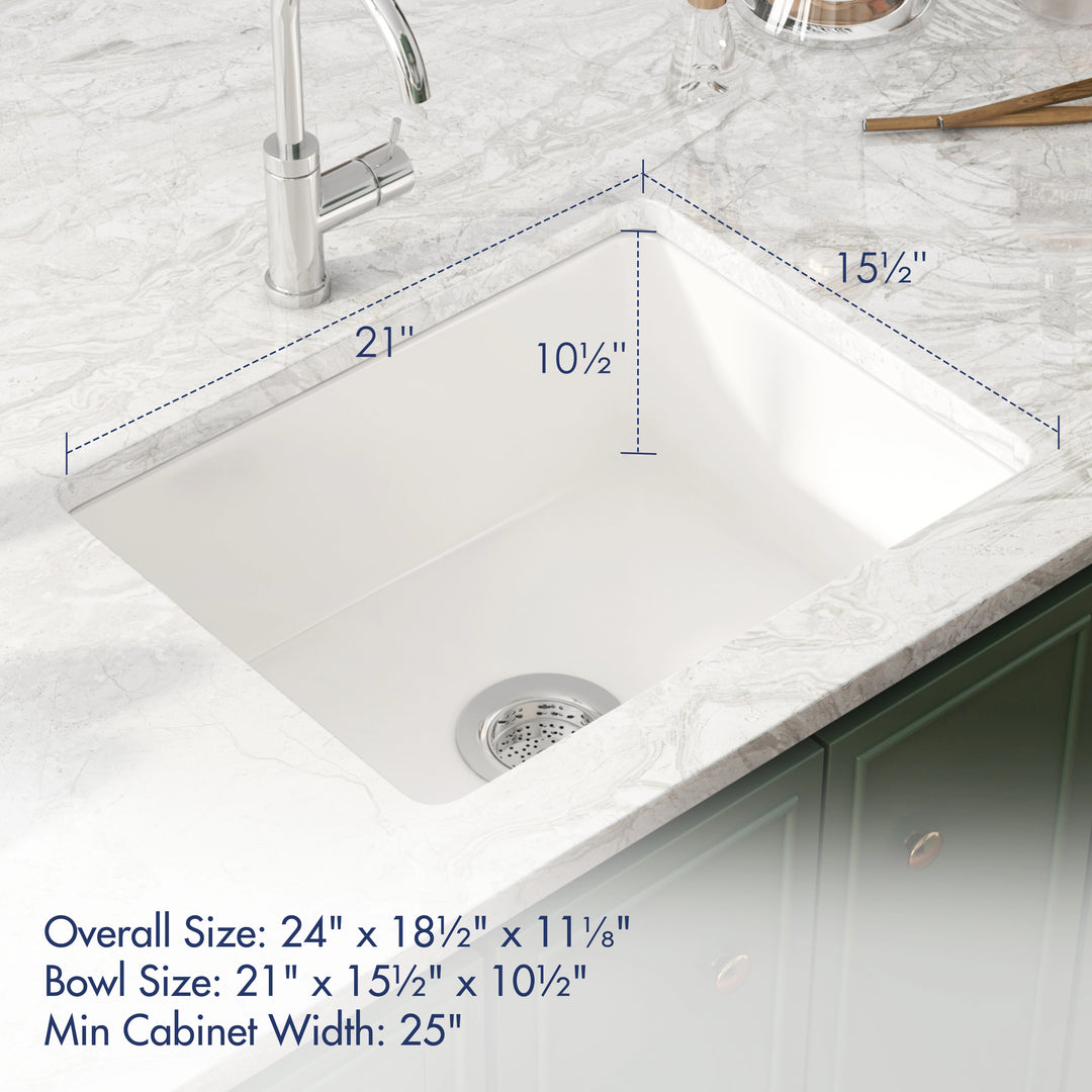 White undermount single bowl kitchen sink with rounded corners, dimensions and minimum cabinet width labeled.