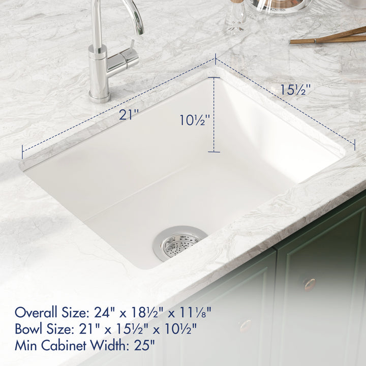 White undermount single bowl kitchen sink with rounded corners, dimensions and minimum cabinet width labeled.