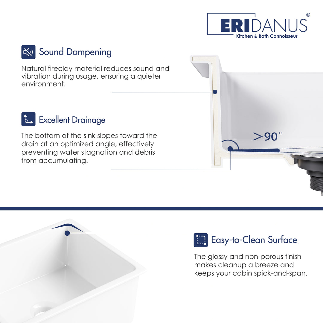 White fireclay kitchen sink cutaway diagram showing sound dampening, sloped drainage, and easy-clean surface features.