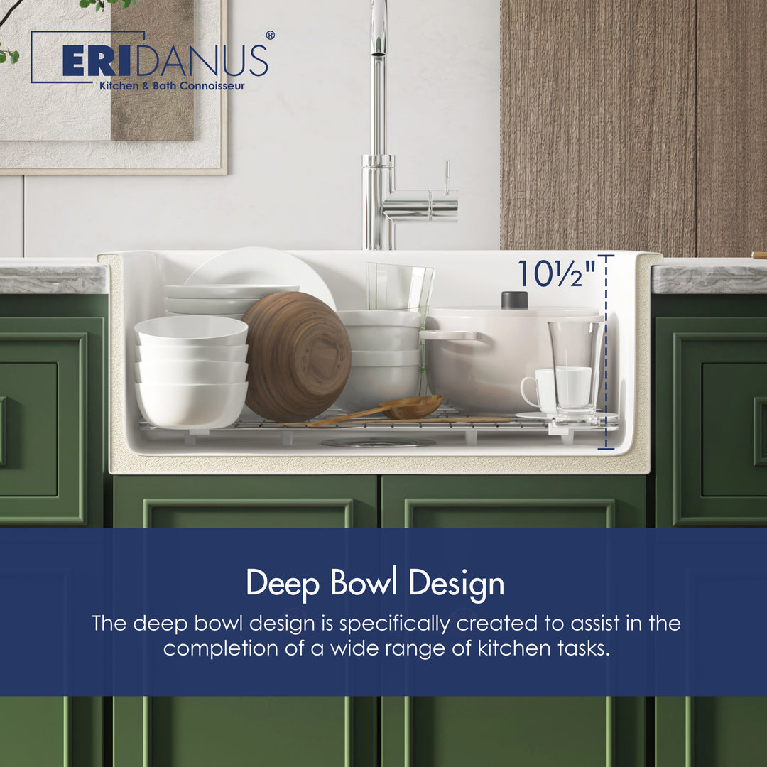 White deep bowl farmhouse sink filled with dishes, indicating 10.5 inch depth.