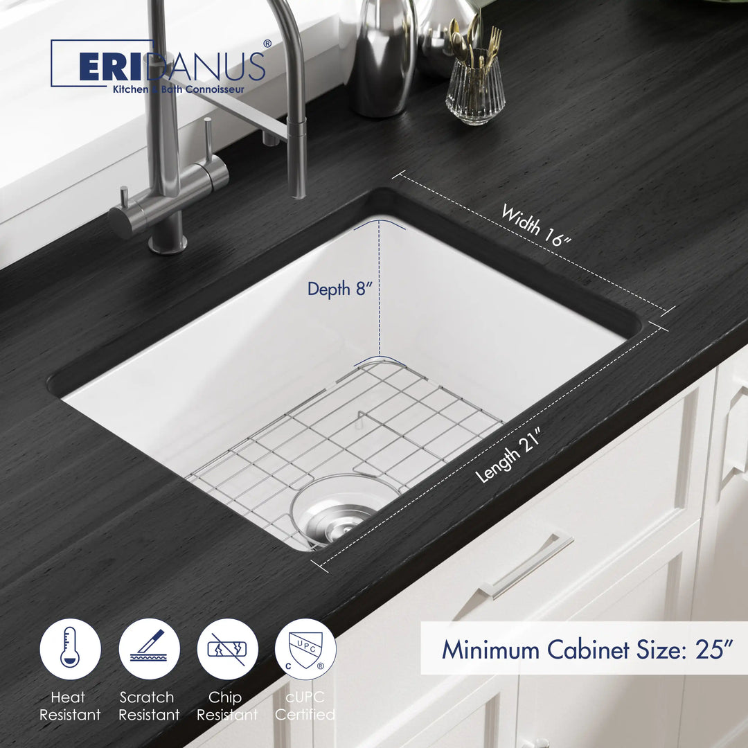 Oslo 24" Undermount Ceramic Kitchen Sink in White with Bottom Grid & Basket Strainer