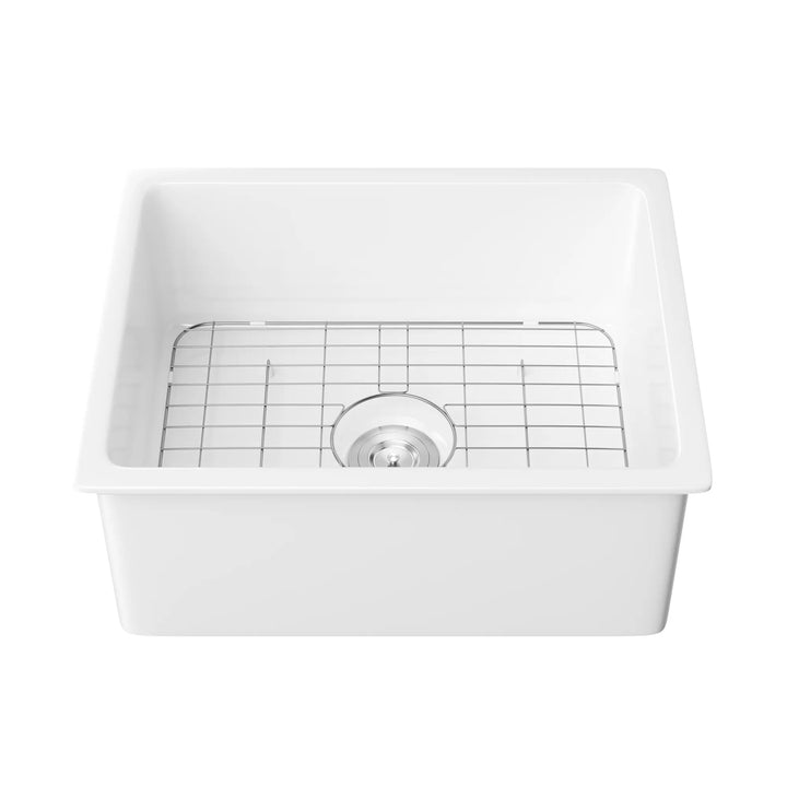 Oslo 24" Undermount Ceramic Kitchen Sink in White with Bottom Grid & Basket Strainer