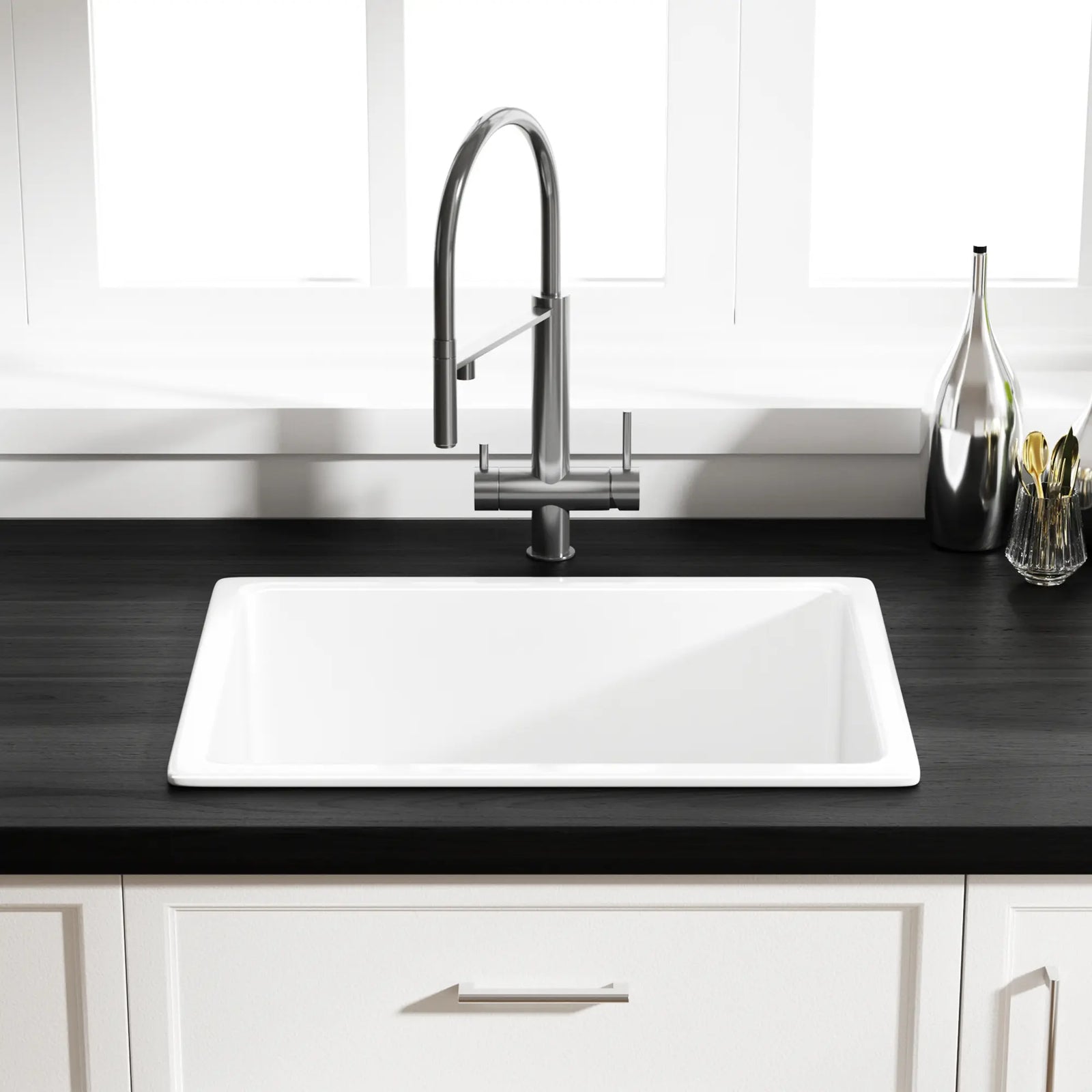 White rectangular drop-in ceramic bathroom sink