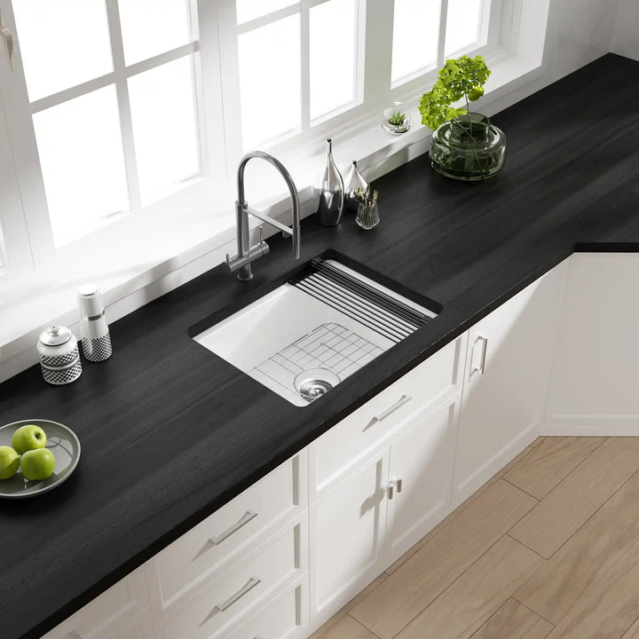 Oslo 24" Undermount Ceramic Kitchen Sink in White with Bottom Grid & Basket Strainer