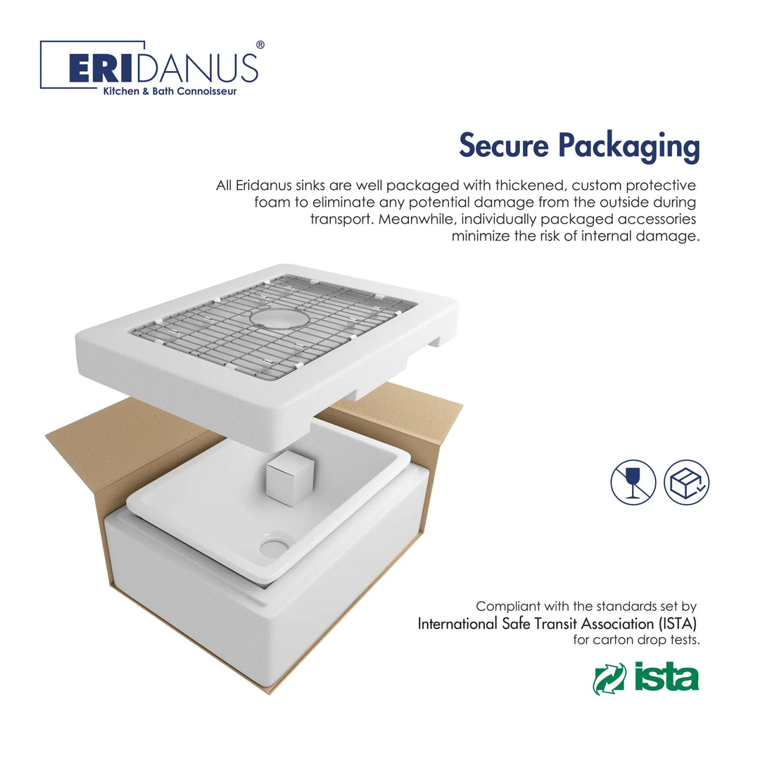 Secure ISTA-compliant foam packaging for white fireclay kitchen sink
