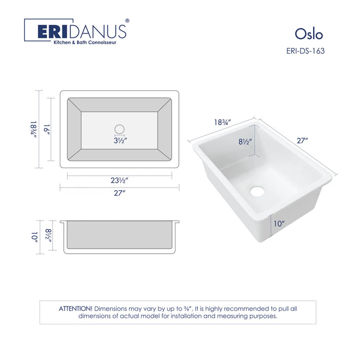 27-inch white rectangular fireclay kitchen sink dimensions