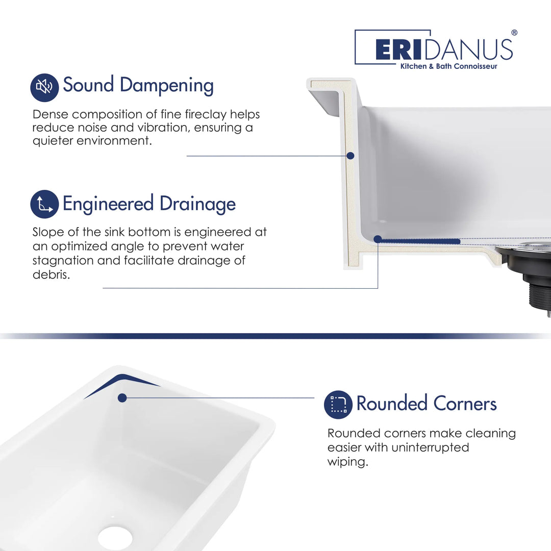 White fireclay sink with sound dampening and sloped drainage