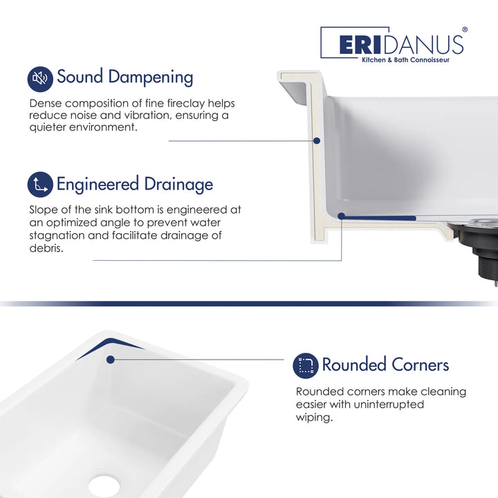 White fireclay sink with sound dampening and sloped drainage