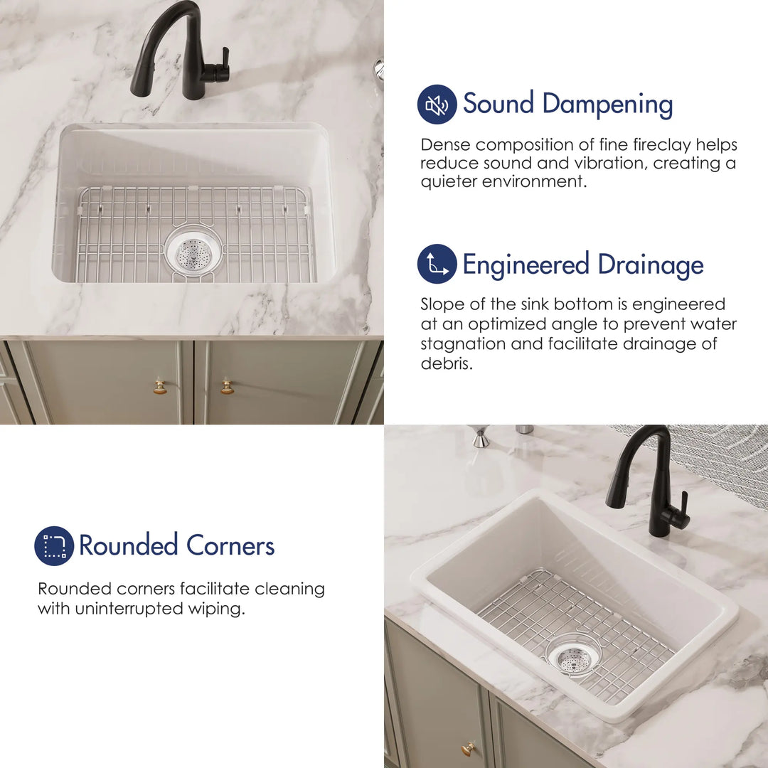 White fireclay sink with sound dampening and drainage