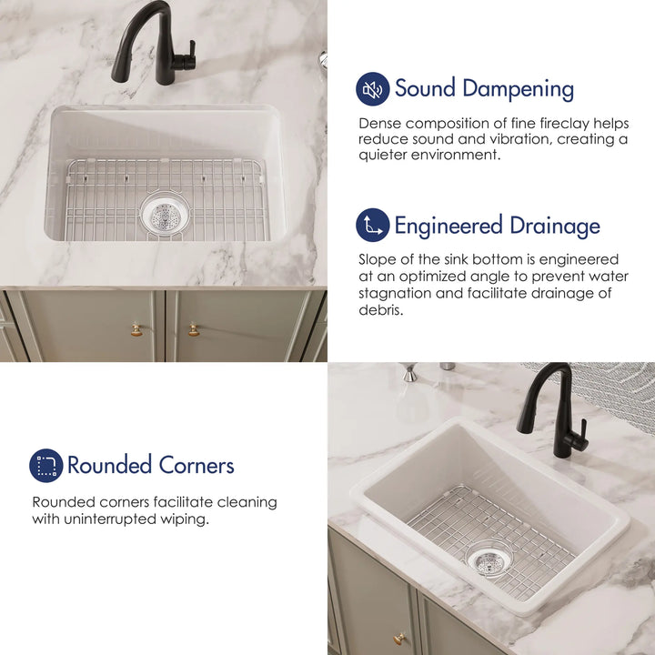 White fireclay sink with sound dampening and drainage