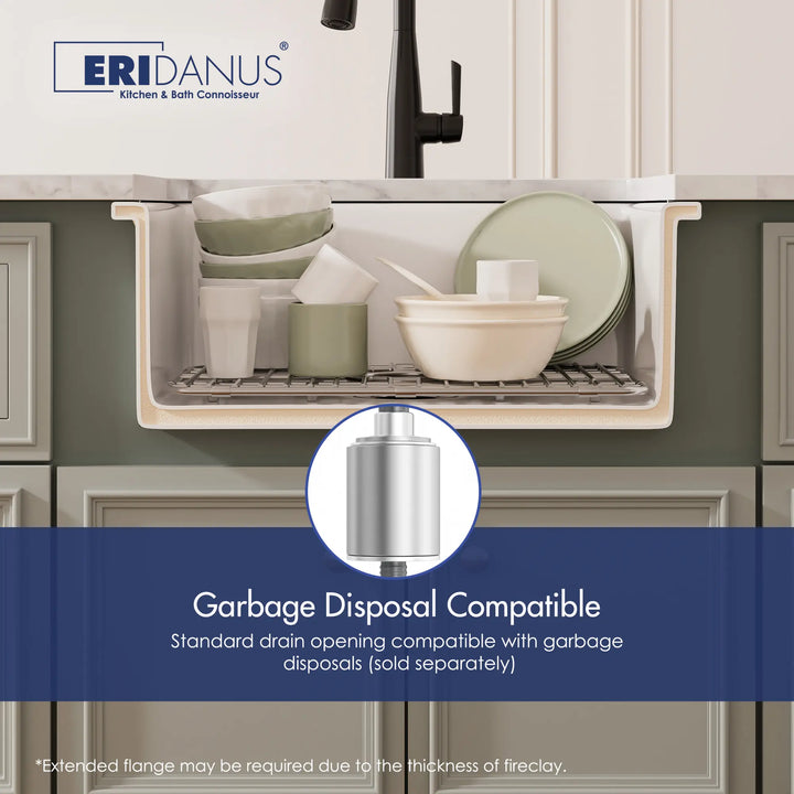 White fireclay sink with garbage disposal compatibility
