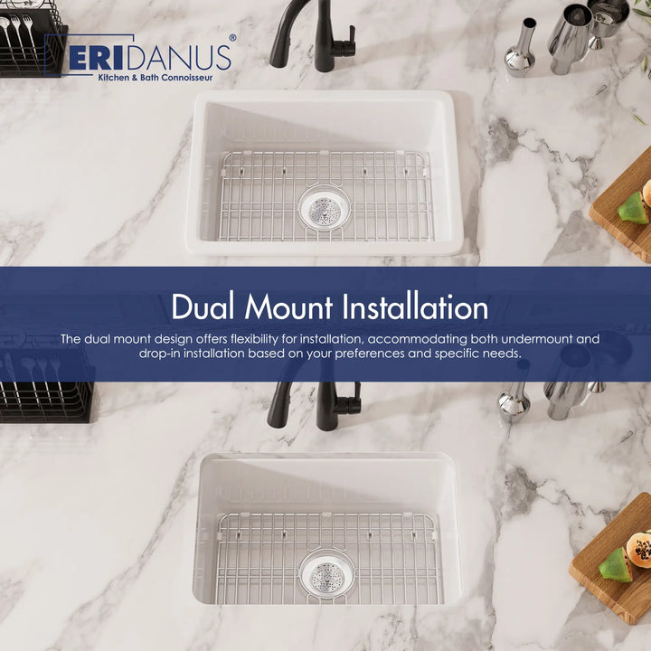 White dual-mount sink for undermount and drop-in