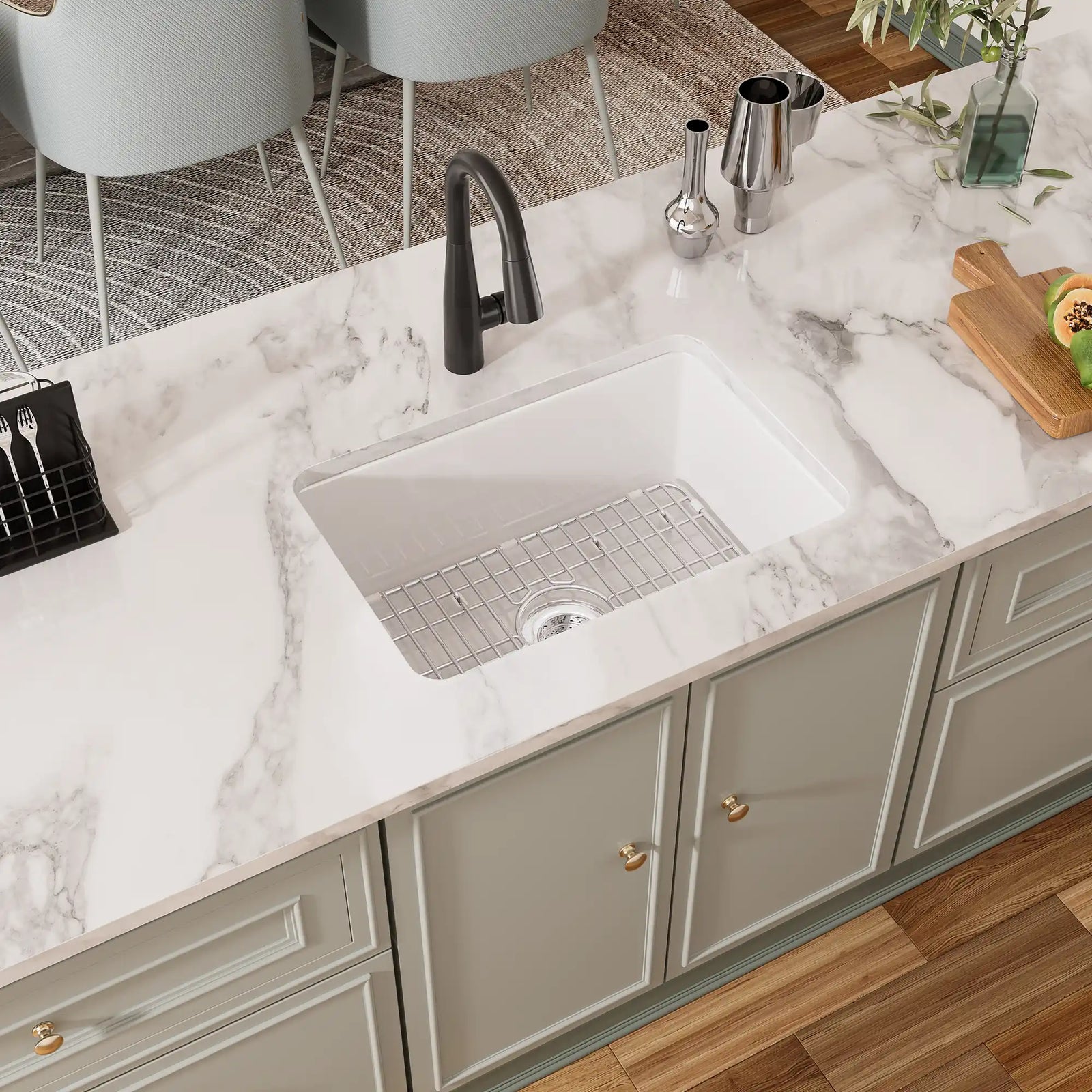White fireclay undermount sink with black faucet and grid#size_27in