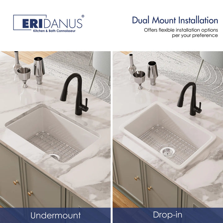 Dual-mount white fireclay sink: undermount and drop-in