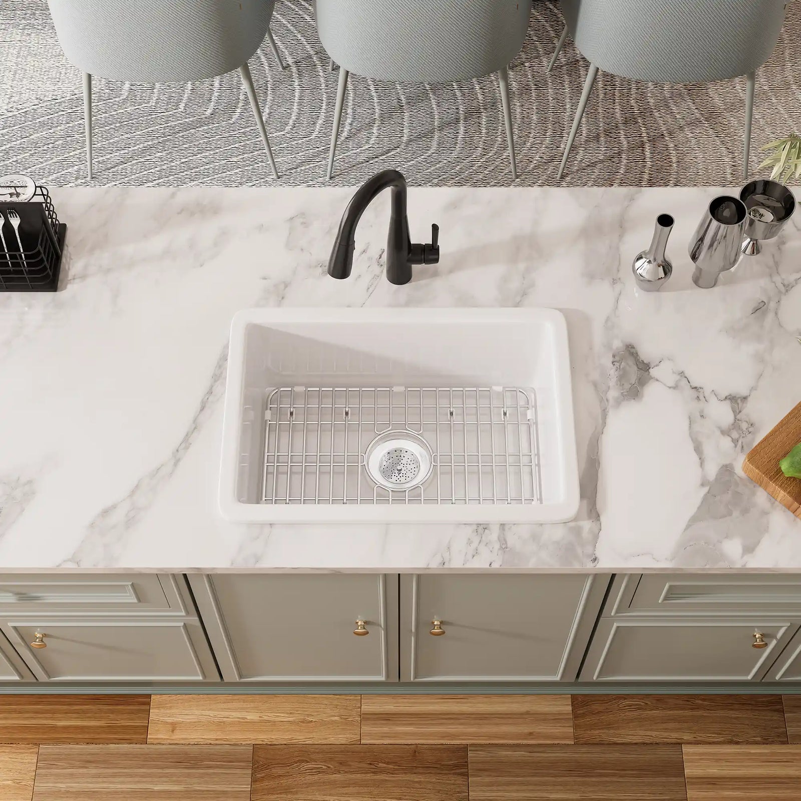 White undermount kitchen sink with black faucet and grid#size_27in