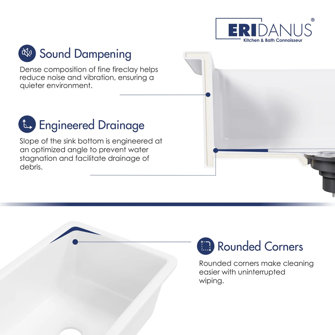 White fireclay sink with sound dampening and sloped drainage