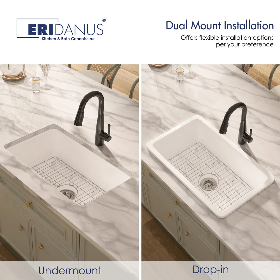 Dual-mount white rectangular fireclay sink: undermount and drop-in