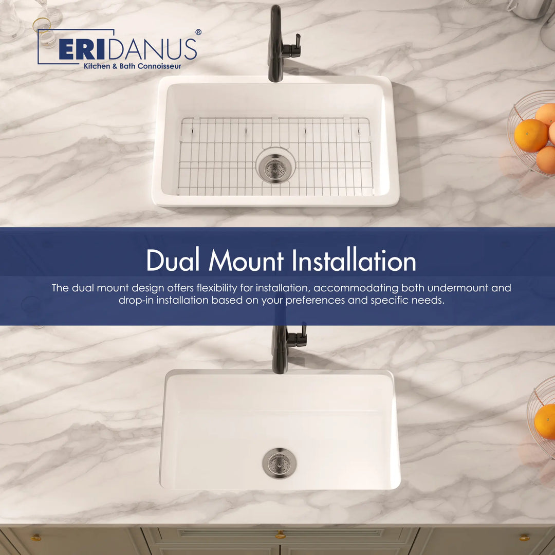 Dual-mount white rectangular fireclay sink for undermount and drop-in