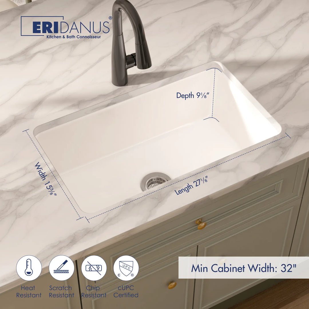 27-inch white rectangular undermount fireclay sink dimensions and features