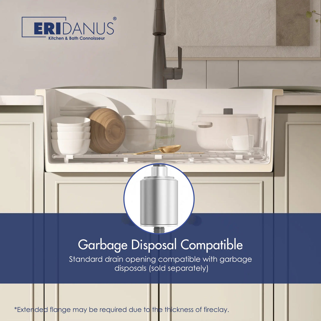 White rectangular fireclay sink with garbage disposal compatibility